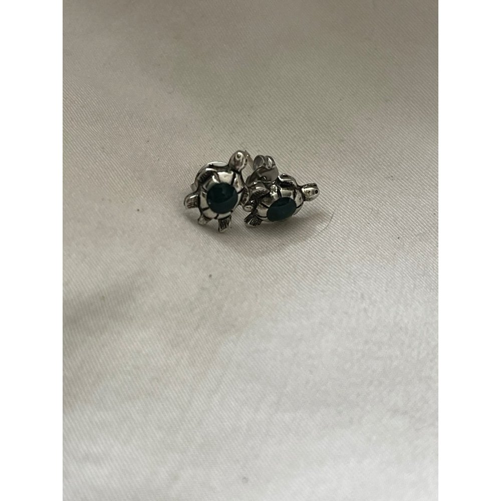 Silver Tone Black Turtle Stud Pierced Earrings